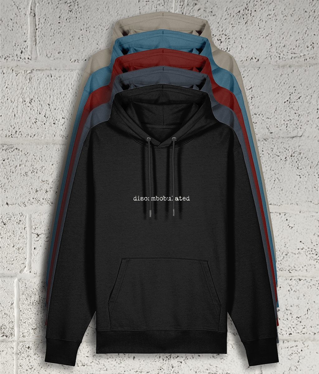 Front view of Shambles Studio Discombobulated hoodie with graphic showing colour variants