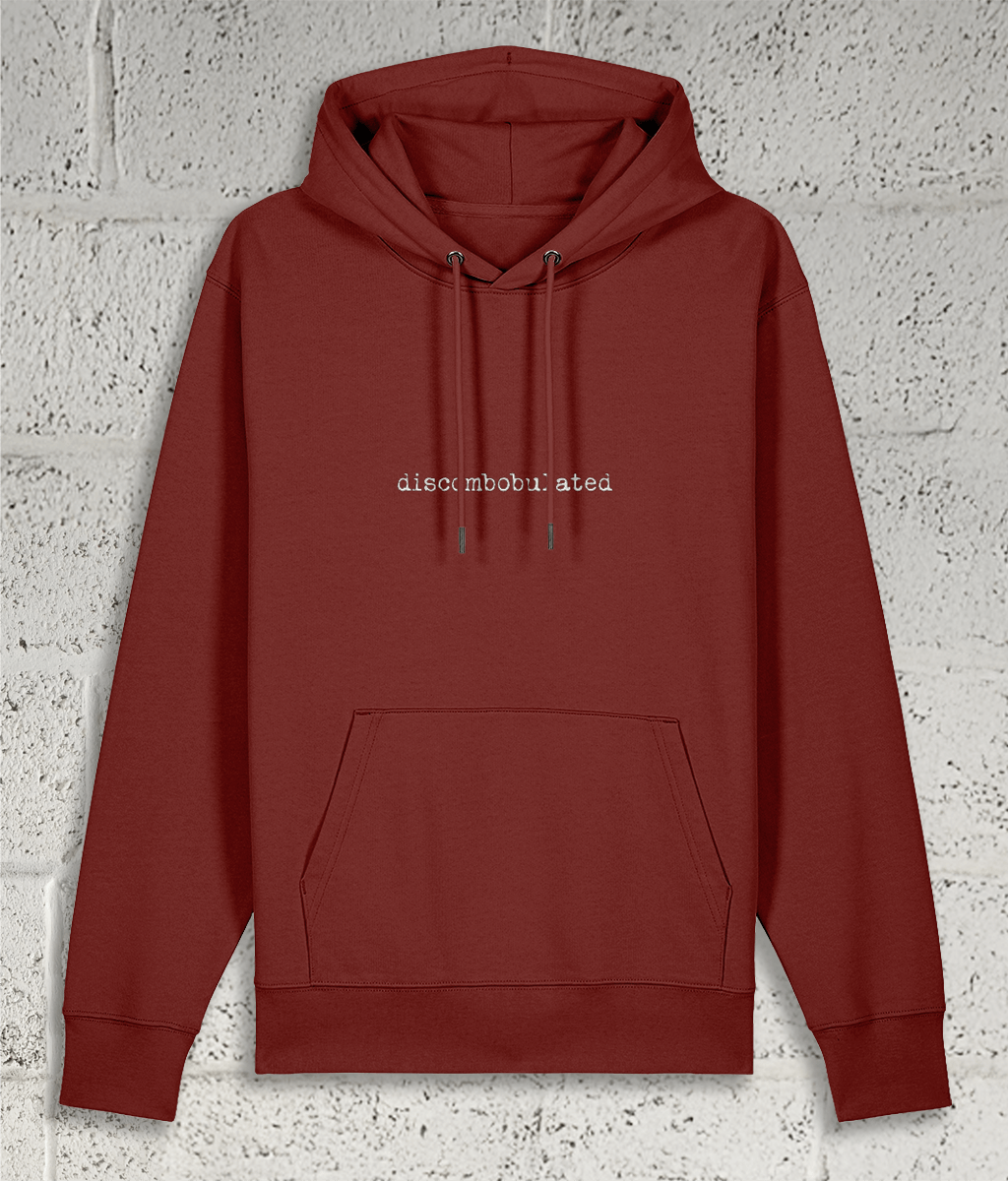 Front view of Shambles Studio Discombobulated red hoodie with graphic