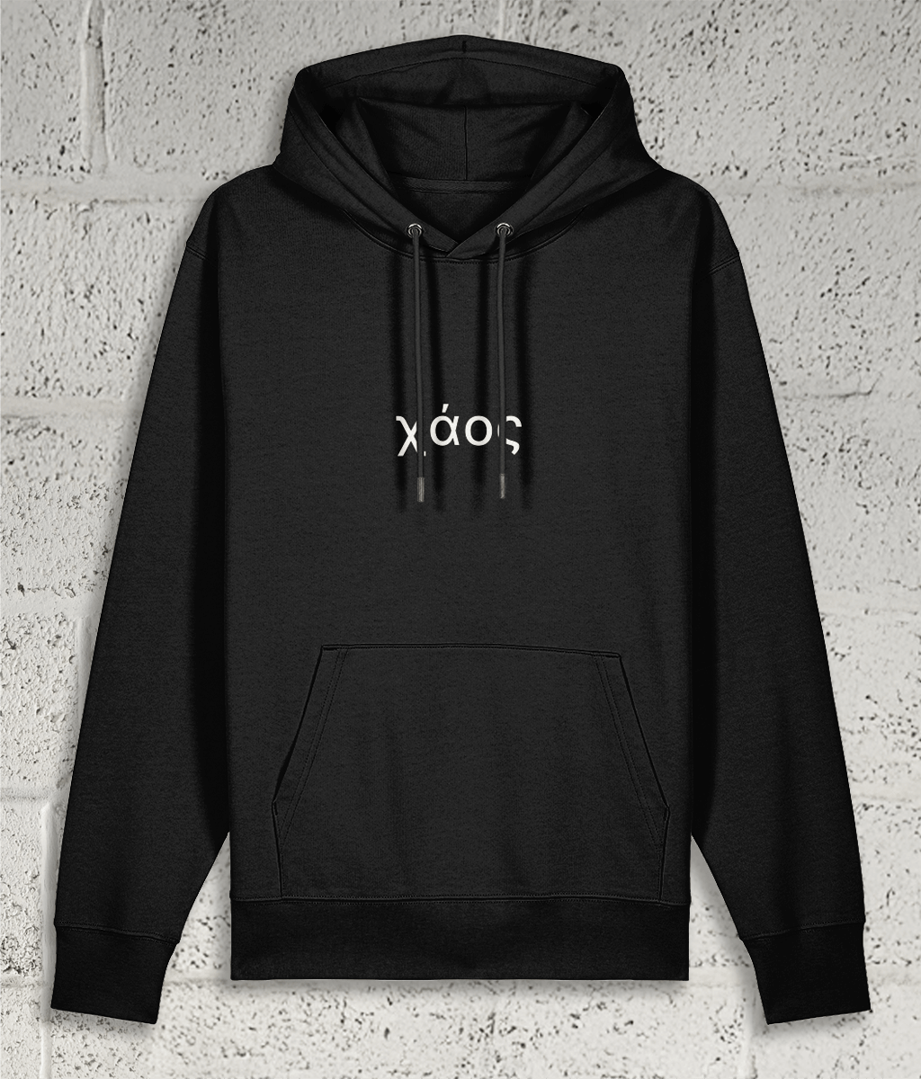 Front view of Shambles Studio Greek Chaos χάος black hoodie with graphic