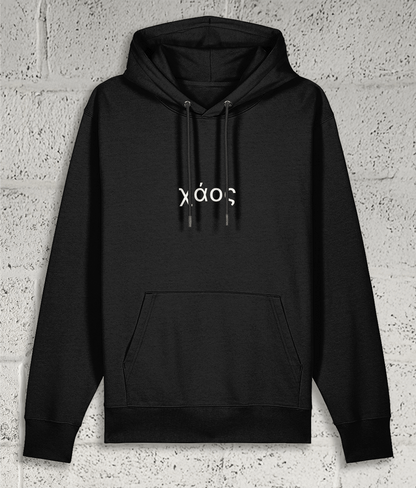 Front view of Shambles Studio Greek Chaos χάος black hoodie with graphic