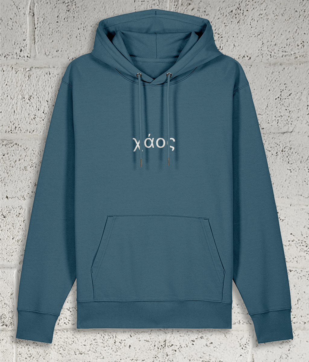 Front view of Shambles Studio Greek Chaos χάος blue hoodie with graphic