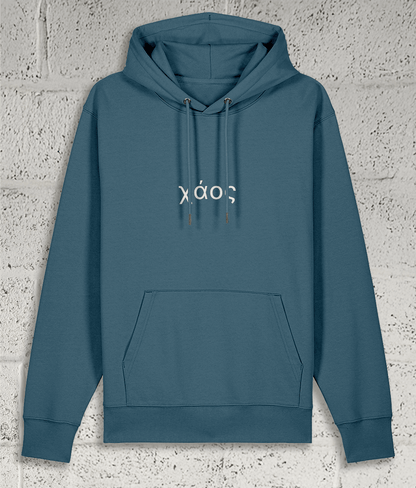 Front view of Shambles Studio Greek Chaos χάος blue hoodie with graphic
