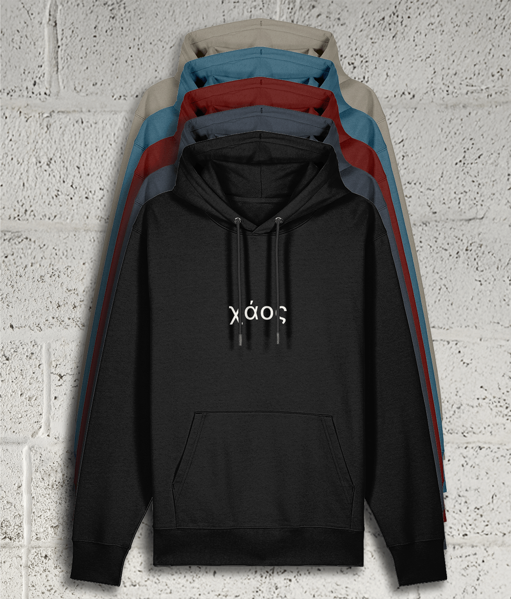 Front view of Shambles Studio Greek Chaos χάος hoodie with graphic showing 5 colour variants