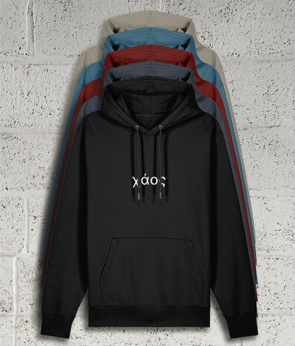 Front view of Shambles Studio Greek Chaos χάος hoodie with graphic showing 5 colour variants