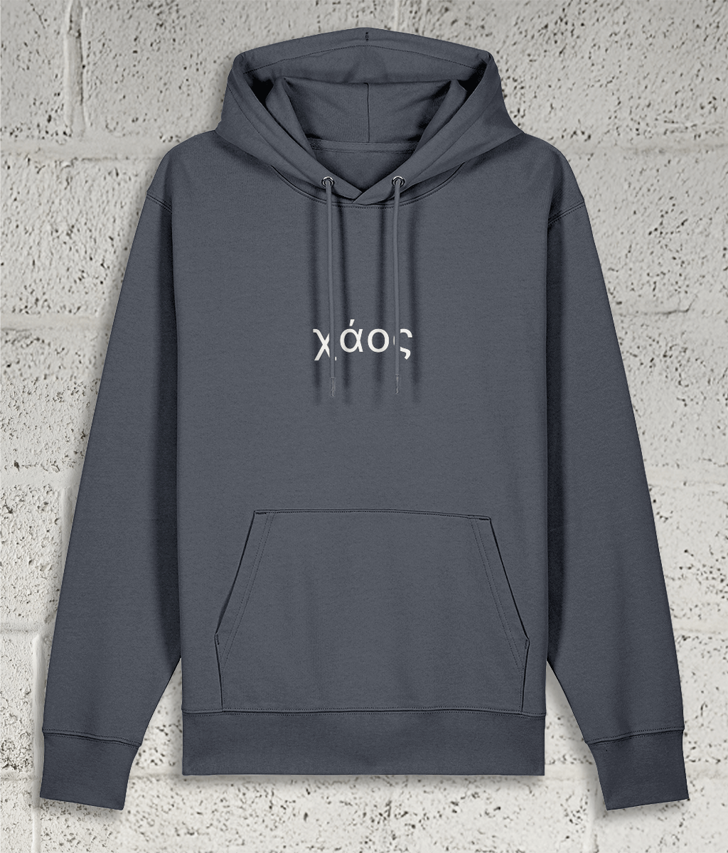 Front view of Shambles Studio Greek Chaos χάος grey hoodie with graphic