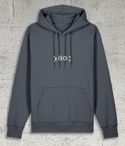 Front view of Shambles Studio Greek Chaos χάος grey hoodie with graphic