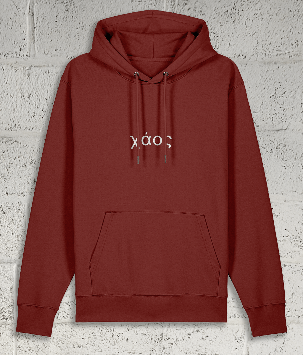 Front view of Shambles Studio Greek Chaos χάος red hoodie with graphic