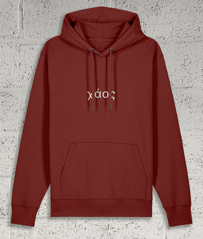 Front view of Shambles Studio Greek Chaos χάος red hoodie with graphic