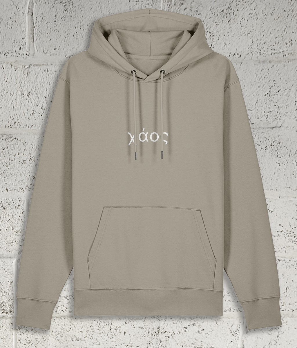Front view of Shambles Studio Greek Chaos χάος stone hoodie with graphic