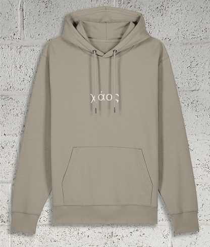 Front view of Shambles Studio Greek Chaos χάος stone hoodie with graphic