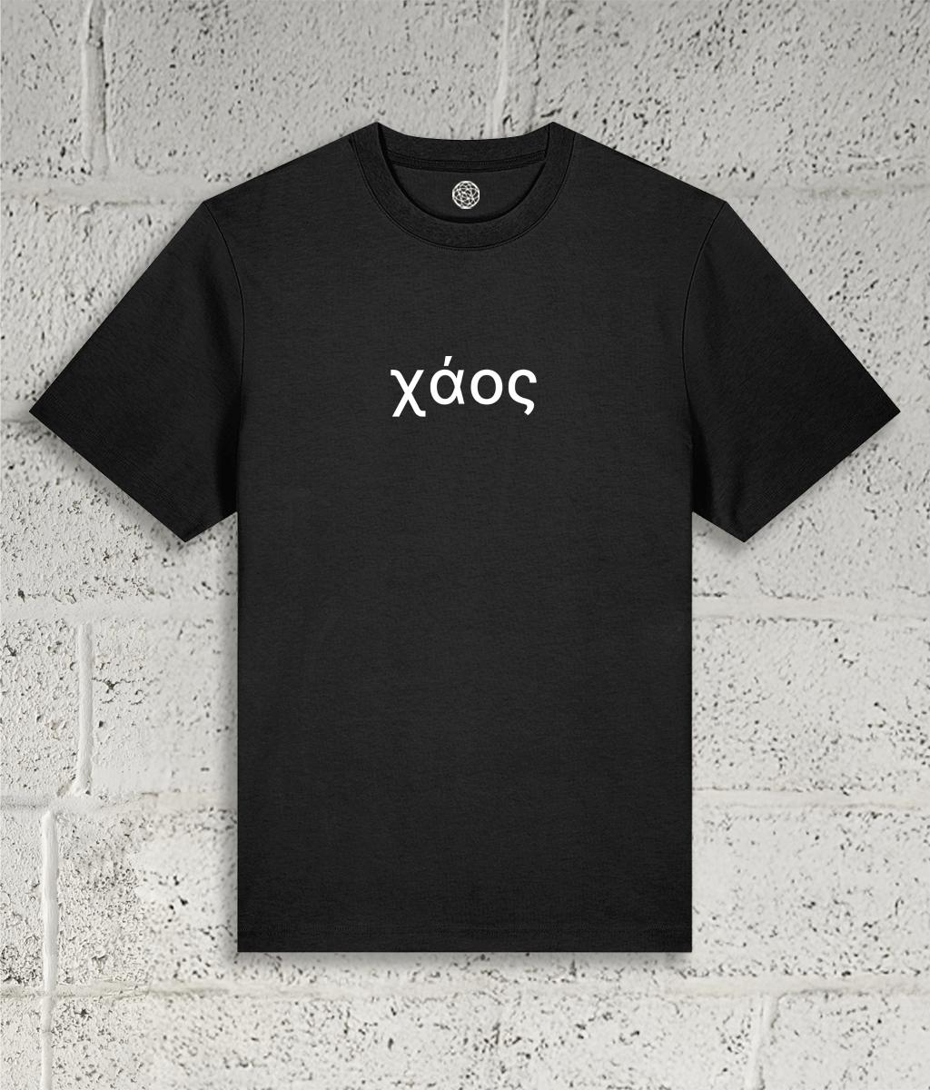 Front view of Shambles Studio Greek Chaos χάος black t-shirt with graphic