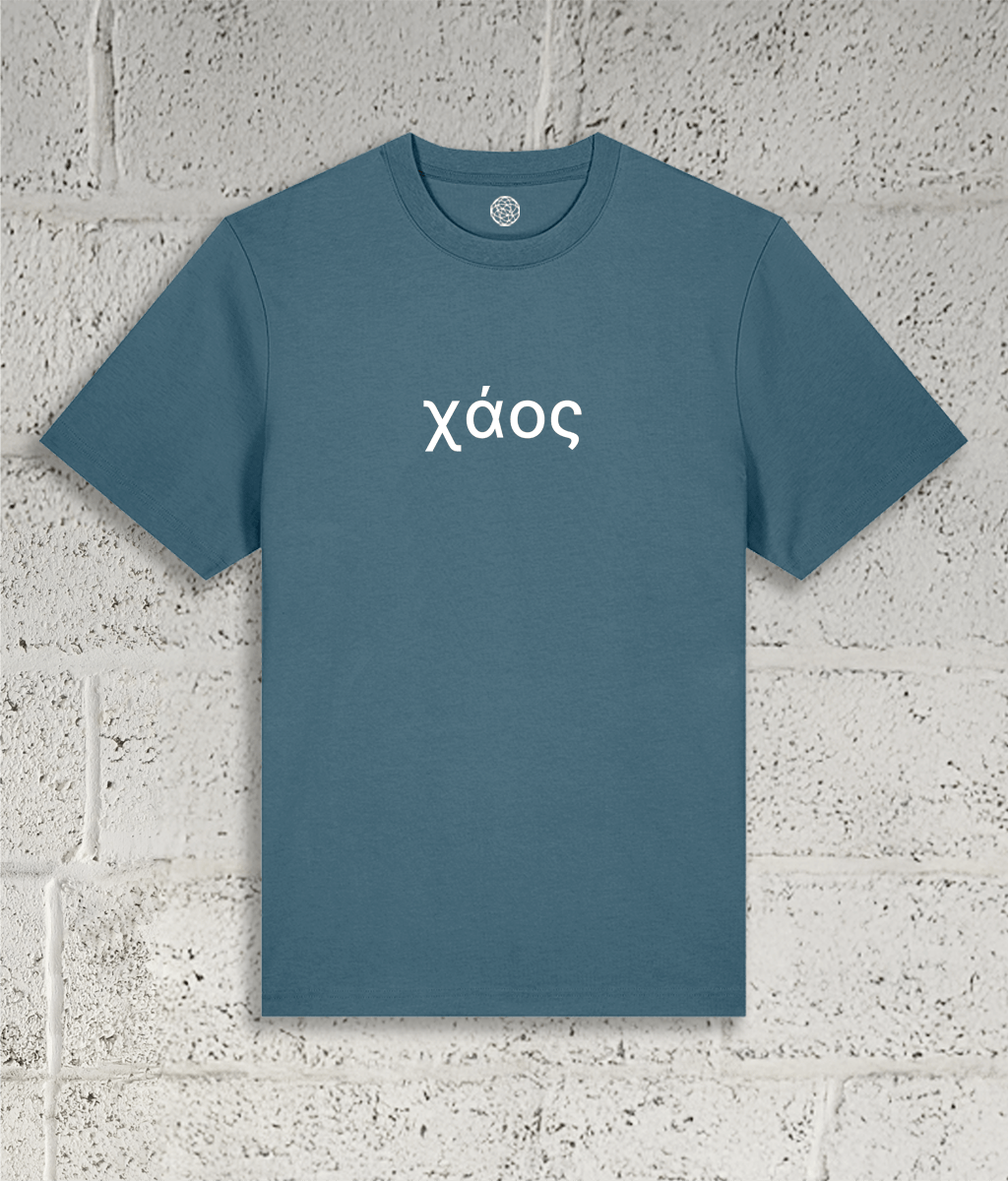 Front view of Shambles Studio Greek Chaos χάος blue t-shirt with graphic