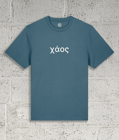 Front view of Shambles Studio Greek Chaos χάος blue t-shirt with graphic