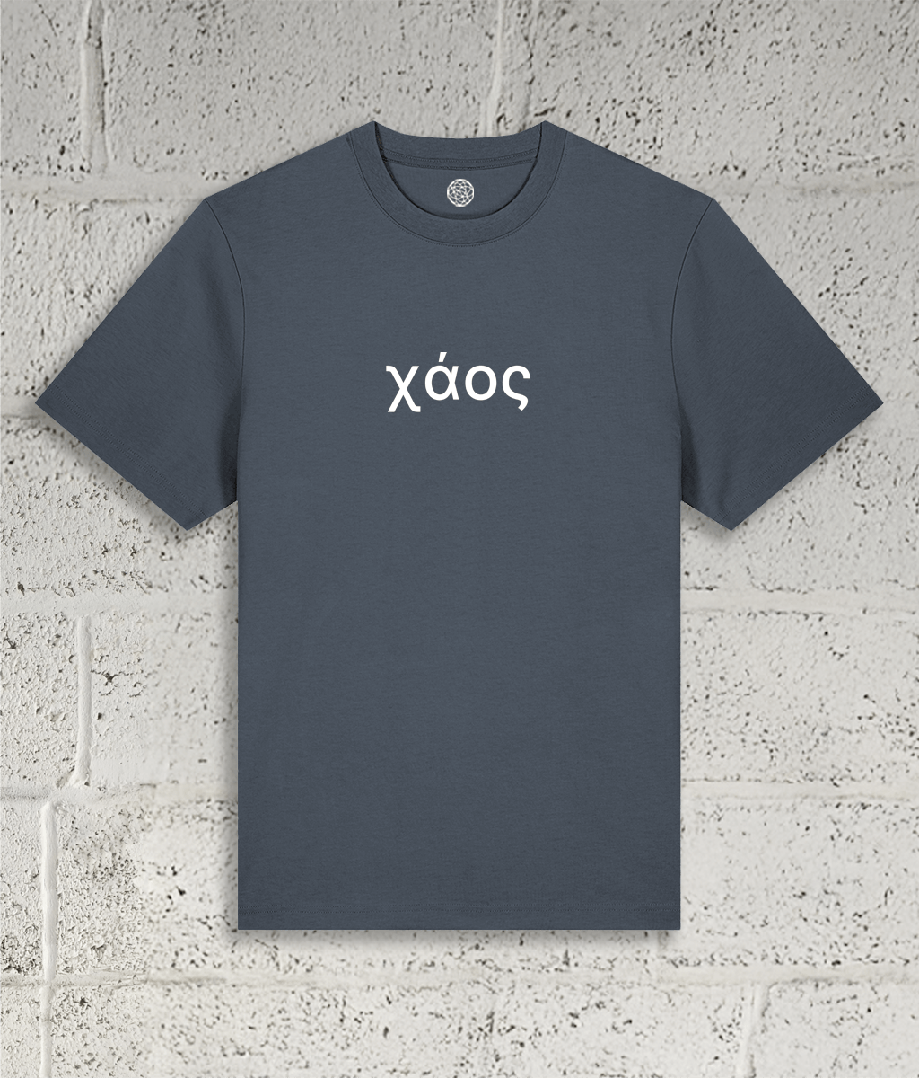 Front view of Shambles Studio Greek Chaos χάος grey t-shirt with graphic