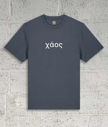 Front view of Shambles Studio Greek Chaos χάος grey t-shirt with graphic