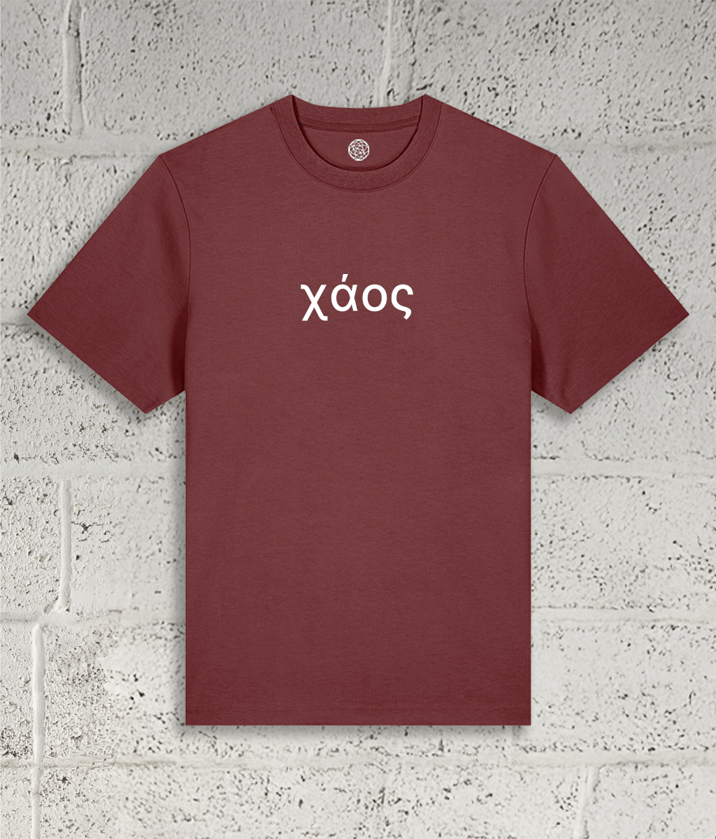 Front view of Shambles Studio Greek Chaos χάος red t-shirt with graphic