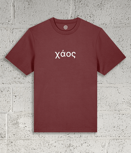 Front view of Shambles Studio Greek Chaos χάος red t-shirt with graphic