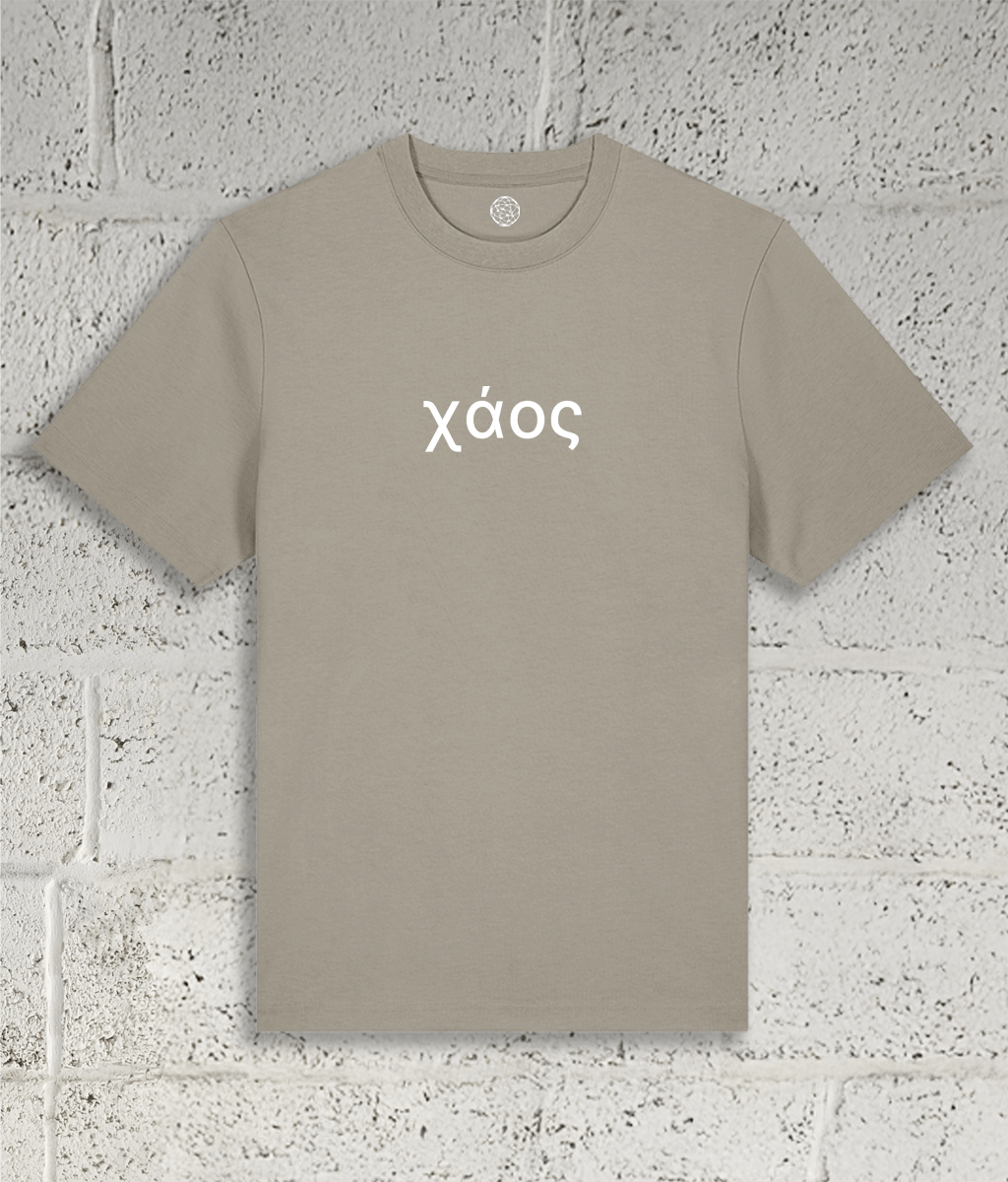 Front view of Shambles Studio Greek Chaos χάος stone t-shirt with graphic
