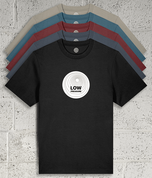 Low Pressure graphic tee showing 5 colour variants available