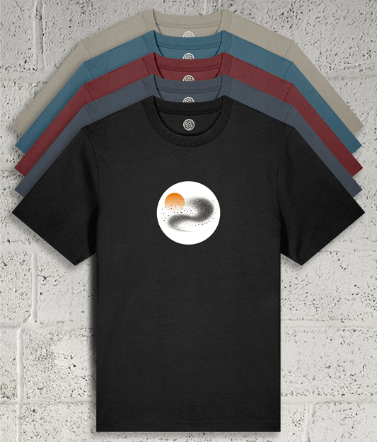 Starling murmuration graphic tee showing 5 colour variants available