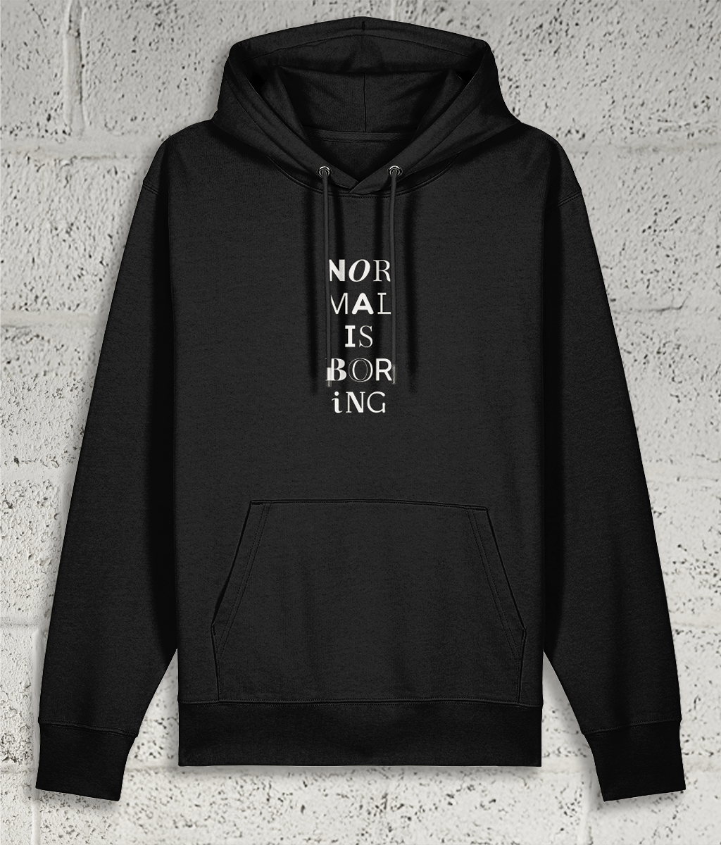 Front view of Shambles Studio NORMAL IS BORING black hoodie with graphic