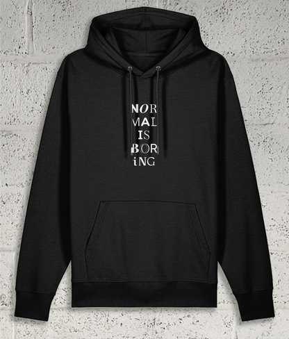Front view of Shambles Studio NORMAL IS BORING black hoodie with graphic