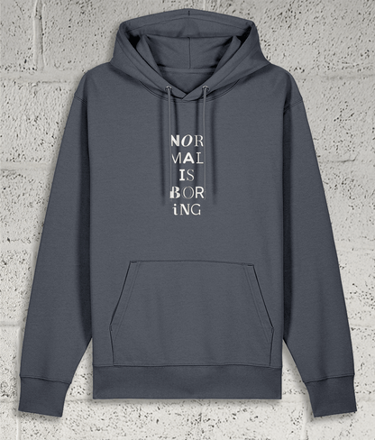 Front view of Shambles Studio NORMAL IS BORING grey hoodie with graphic