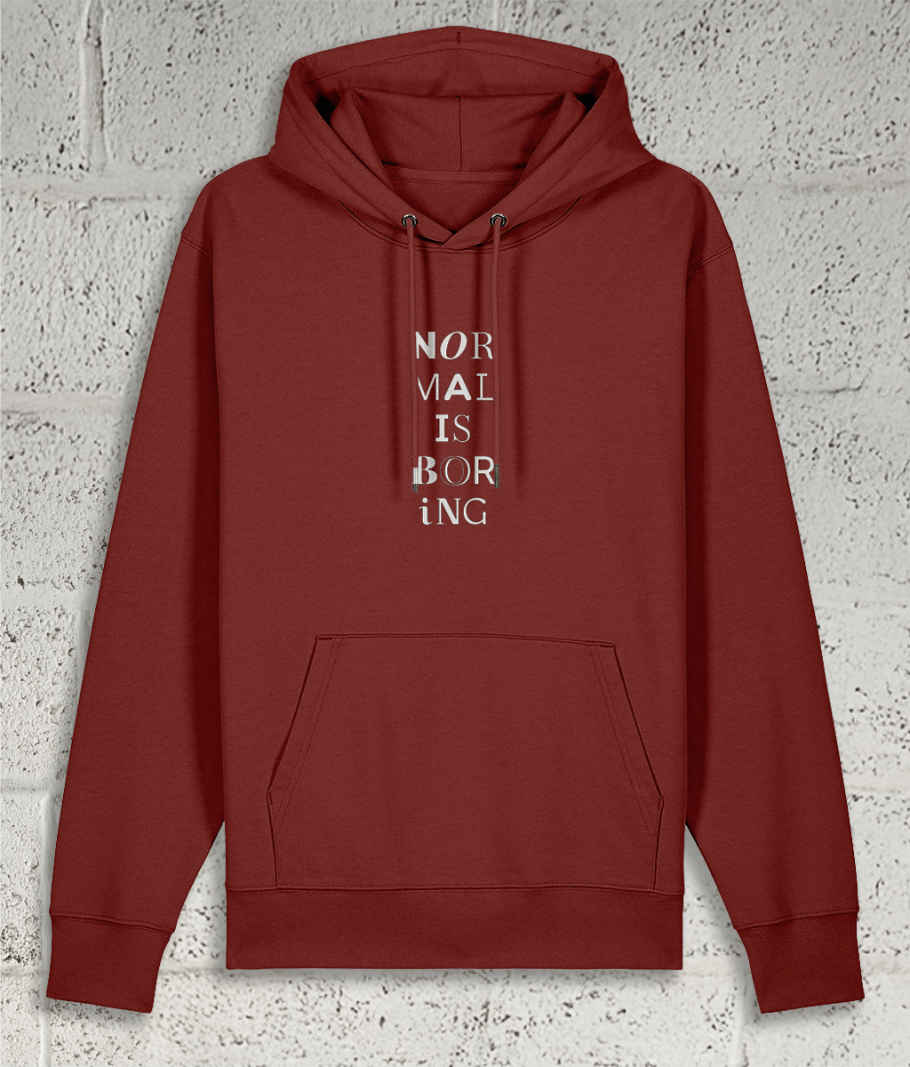Front view of Shambles Studio NORMAL IS BORING red hoodie with graphic
