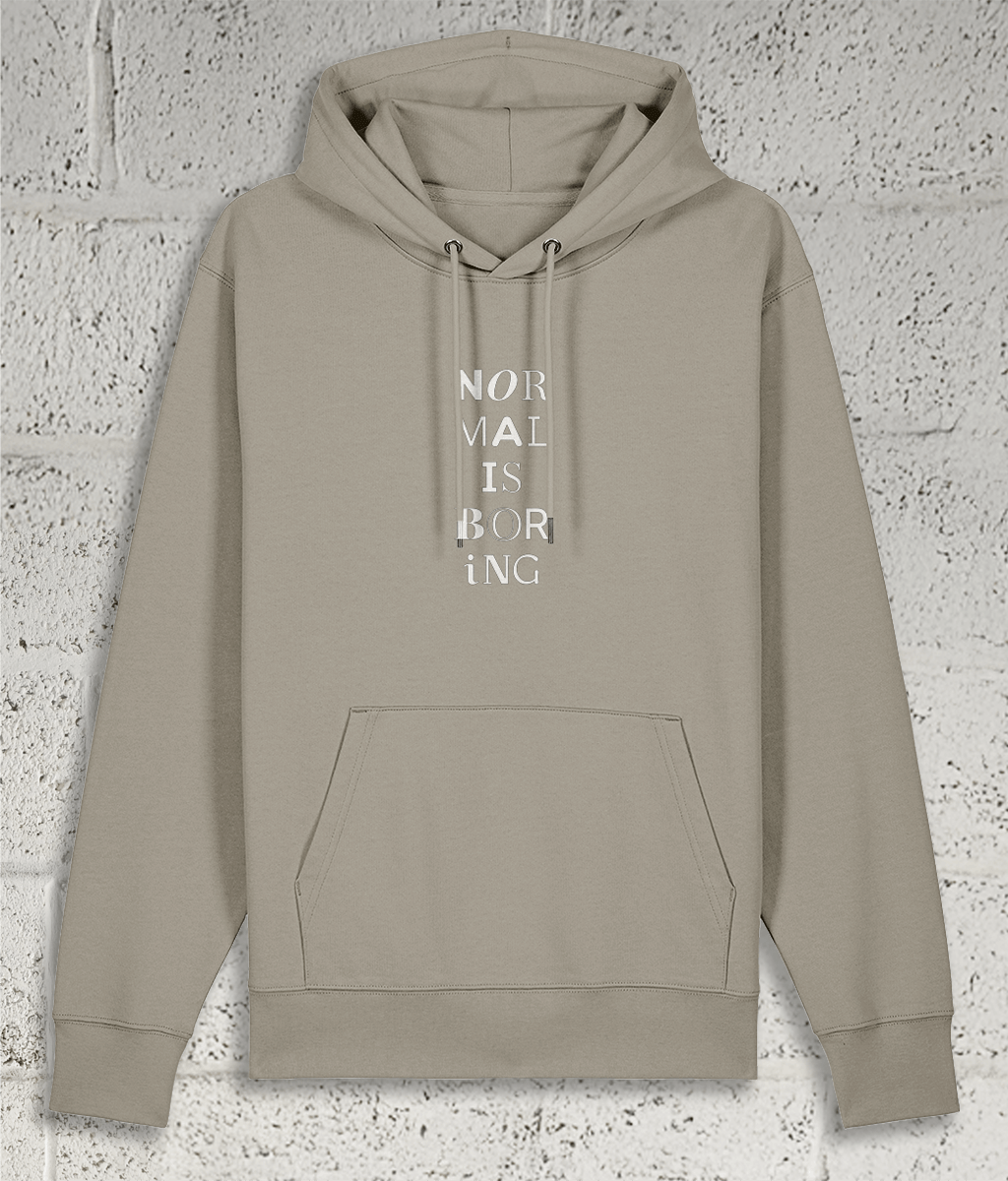 Front view of Shambles Studio NORMAL IS BORING stone hoodie with graphic