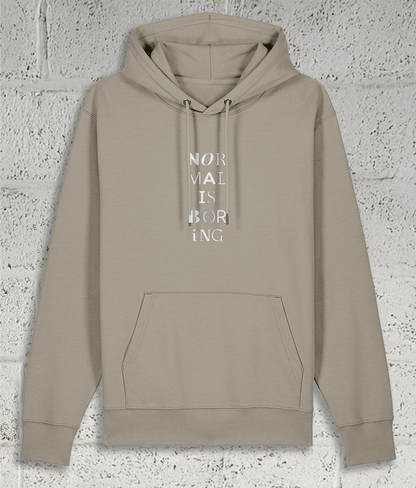 Front view of Shambles Studio NORMAL IS BORING stone hoodie with graphic