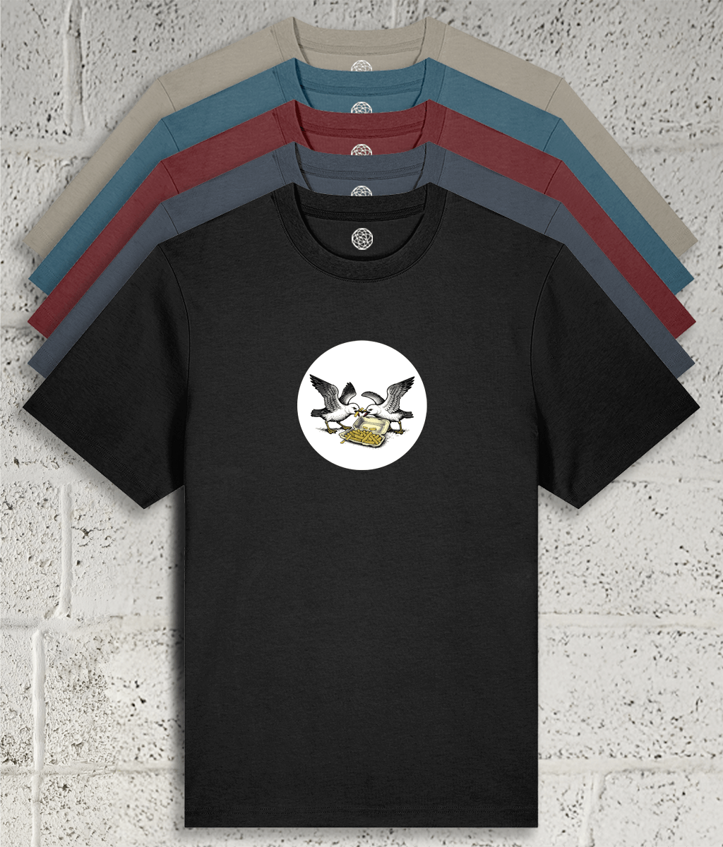 Seagulls fighting over a tray of chips graphic tee showing 5 colour variants available