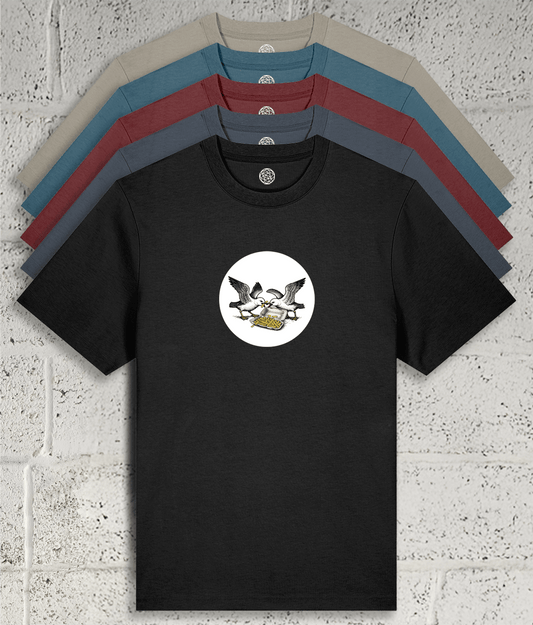 Seagulls fighting over a tray of chips graphic tee showing 5 colour variants available