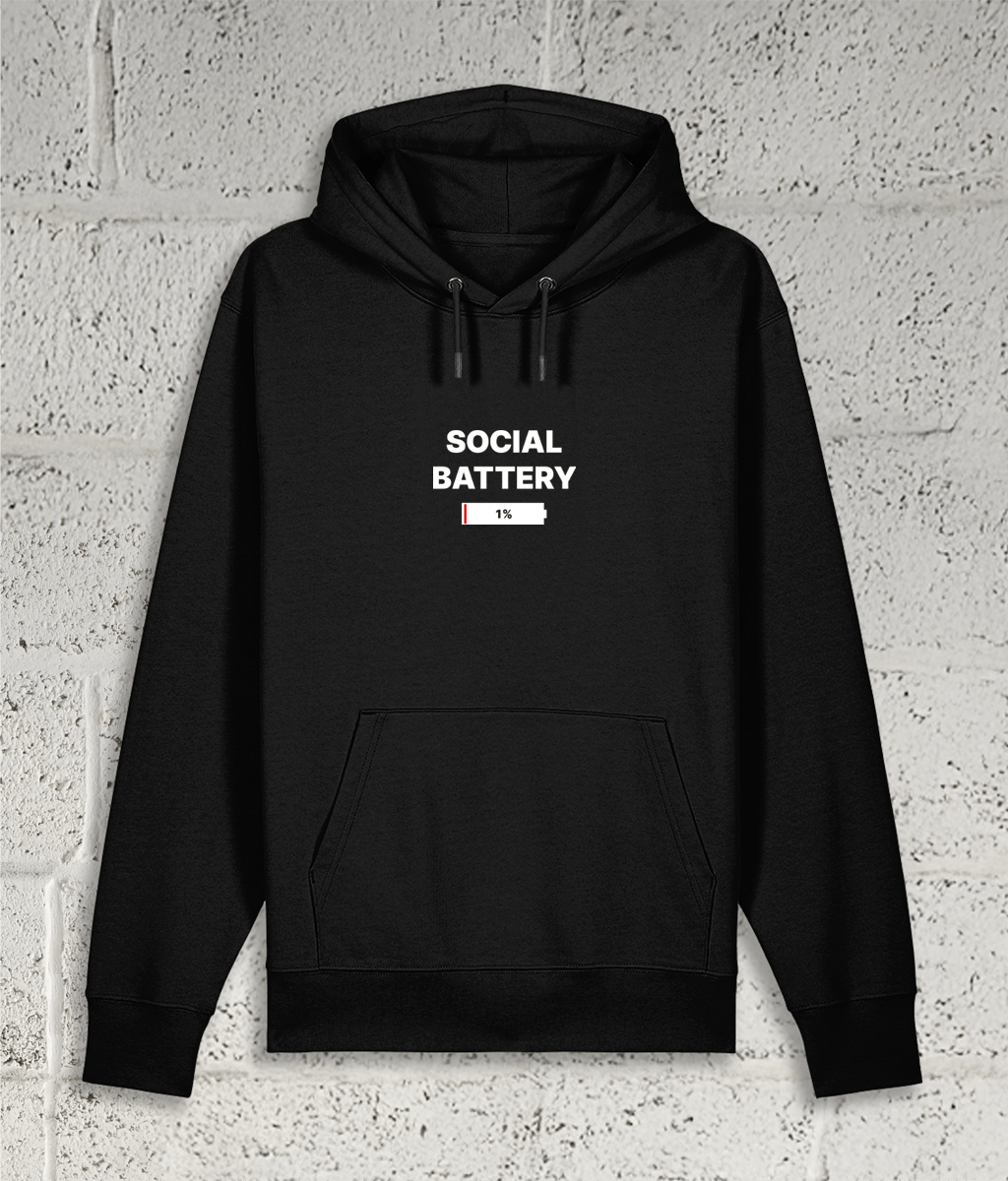 Front view of Shambles Studio SOCIAL BATTERY black hoodie with graphic