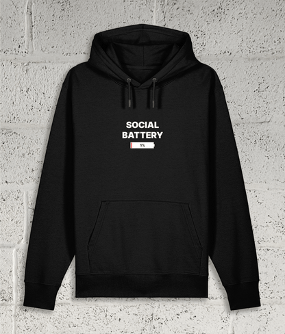 Front view of Shambles Studio SOCIAL BATTERY black hoodie with graphic
