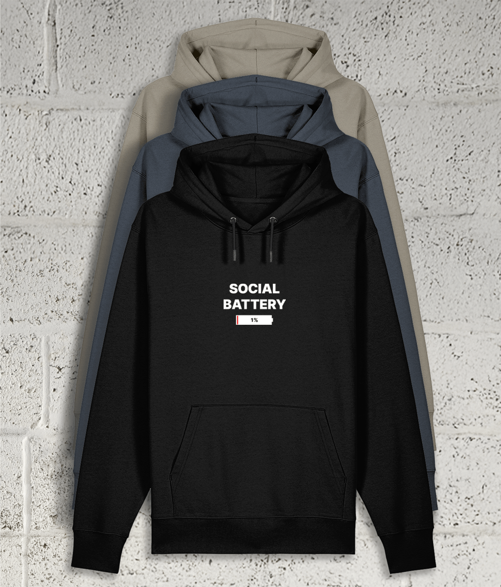 Front view of Shambles Studio SOCIAL BATTERY hoodie with graphic showing 3 colour variants