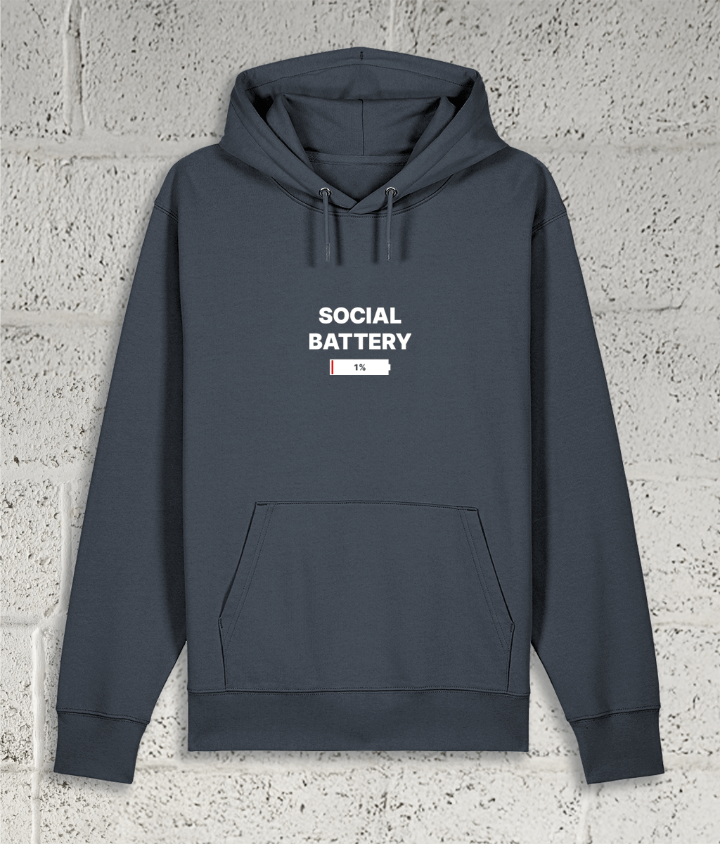 Front view of Shambles Studio SOCIAL BATTERY grey hoodie with graphic