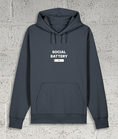 Front view of Shambles Studio SOCIAL BATTERY grey hoodie with graphic