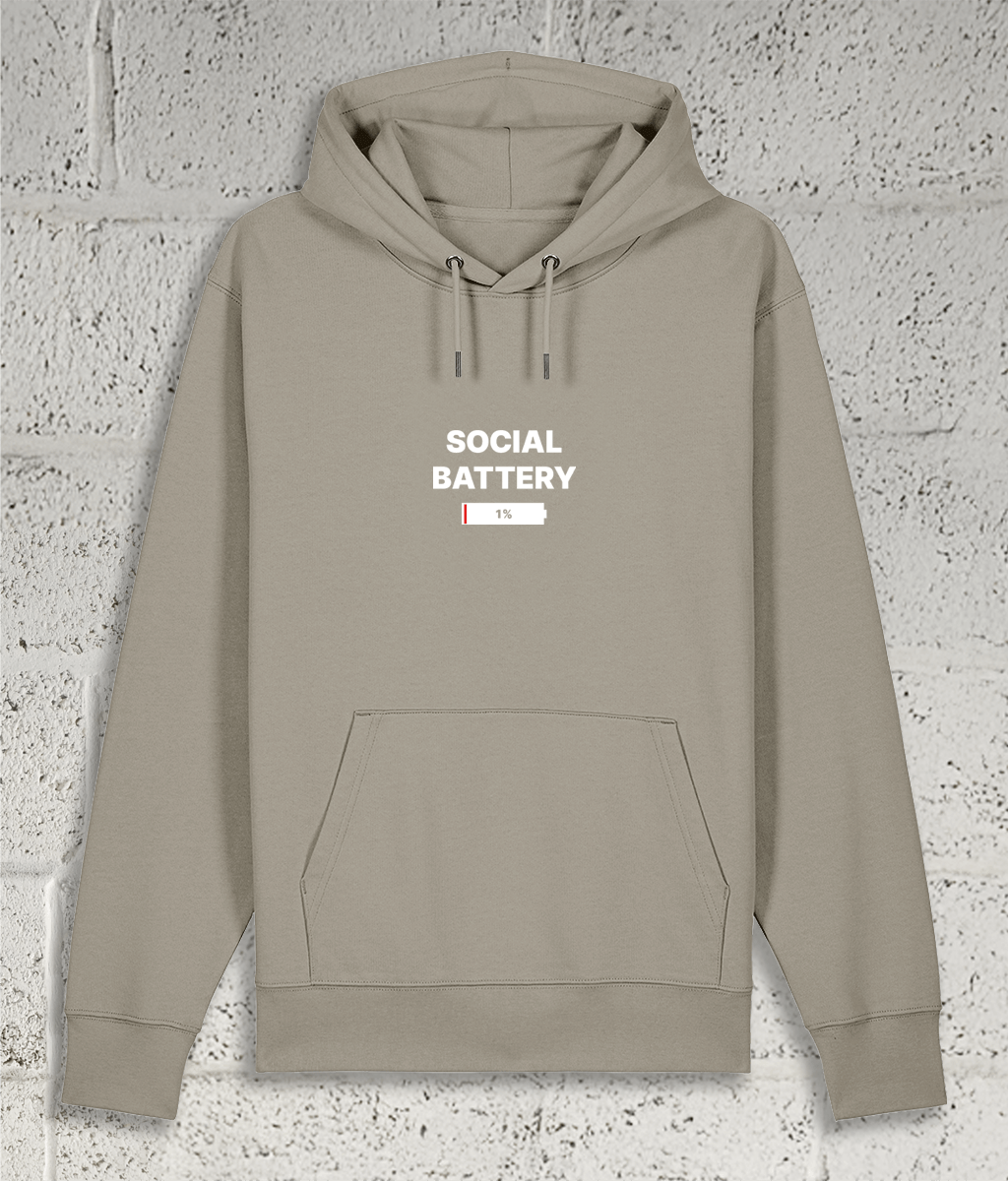 Front view of Shambles Studio SOCIAL BATTERY stone hoodie with graphic