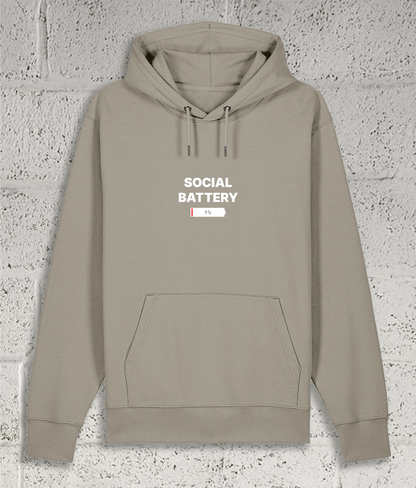 Front view of Shambles Studio SOCIAL BATTERY stone hoodie with graphic